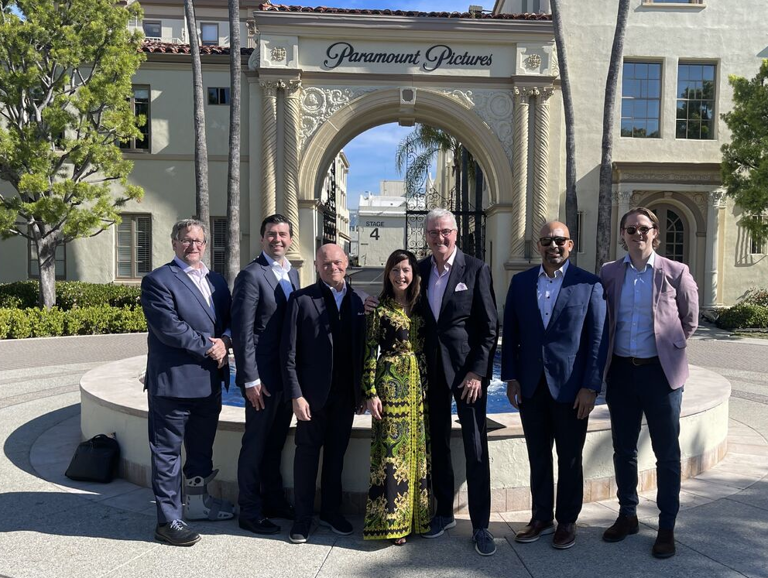 Gov. Phil Murphy and First Lady Tammy Murphy, at center, in front of Paramount Pictures studios earlier this year during a trip to California to promote New Jersey as a place for the film industry to do business.