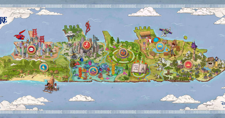 An aerial map of the seven themed areas on board the Disney Adventure.