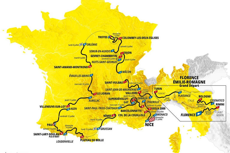 A map of the 2024 Tour de France route from Florence to Nice
