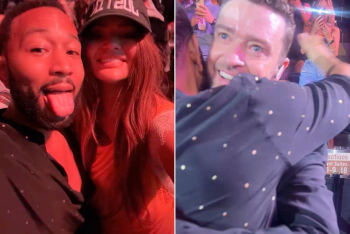 justin timberlake hugs john legend in clip shared by chrissy teigen from madison square garden show