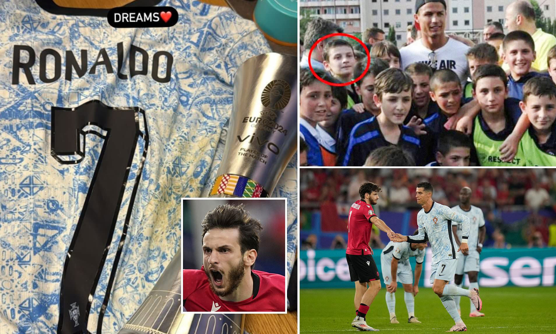 Georgia hero Khvicha Kvaratskhelia puts celebrations on hold after beating Portugal to grab Cristiano Ronaldo's shirt... 11 years after first meeting the Real Madrid legend when he opened Dinamo Tbilisi's academy