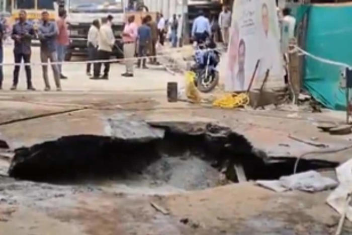 bengaluru: part of road caves in near underconstruction metro site amid heavy rainfall