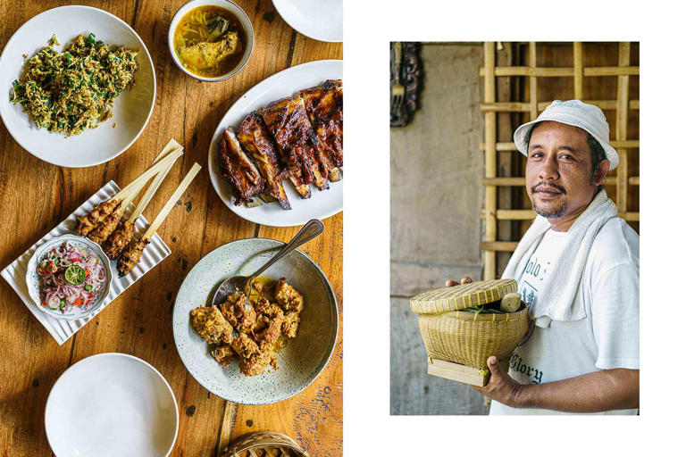 Chris Schalkx A spread at Daput Bali Mula, including lawar and sate lilit; Jero Mangku Dalem Suci Gede Yudiawan, the chef and owner of Dapur Bali Mula.