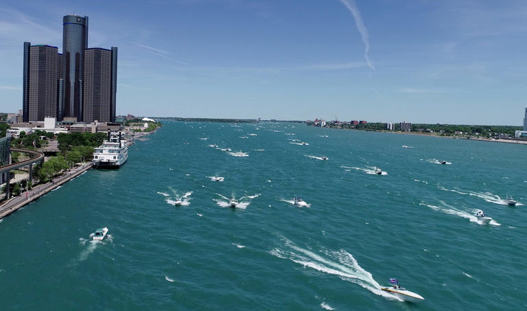 A drone shows the aerial view of over 300 boats heading down the Detroit River towards the Ambassador Bridge with President Trump supporters on board sailing with Trump 2020 flags on Saturday, June 13, 2020.The boats went from Northern Macomb County on a choppy Lake St. Clair and into the Detroit River ending at the Ambassador Bridge.The flotilla of boats organized by Michigan Conservative Coalition and Michigan Trump Republicans 2020 sailed in support of Trump and to recognize his 74th birthday which is on Sunday, June 14.