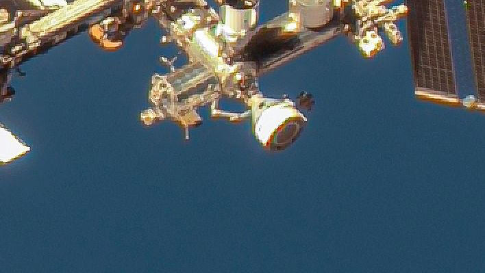 Boeing's Starliner capsule is seen docked to the International Space Station in this zoomed-in view of an image captured by Maxar Technologies' WorldView-3 satellite on June 7, 2024.