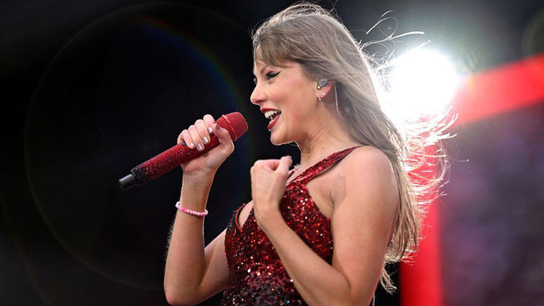 Taylor Swift performs on stage during during "Taylor Swift | The Eras Tour" at Anfield on June 13, 2024 in Liverpool, England. (Photo by Gareth Cattermole/TAS24/Getty Images for TAS Rights Management)