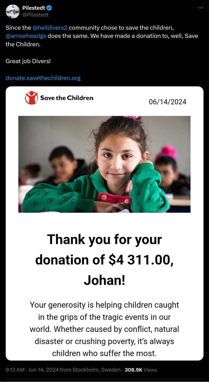 helldivers players saved the children, so arrowhead game studios is making a donation to the save the children charity