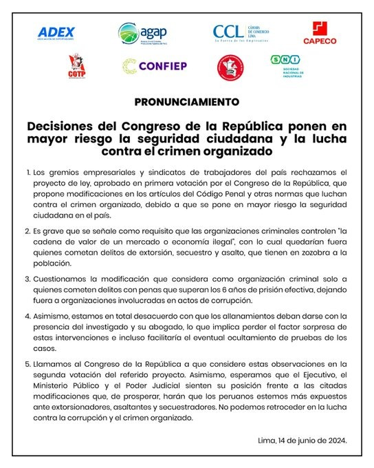 Gremios empresariales y sindicatos rechazan paquetazo de leyes que busca aprobar el Congreso