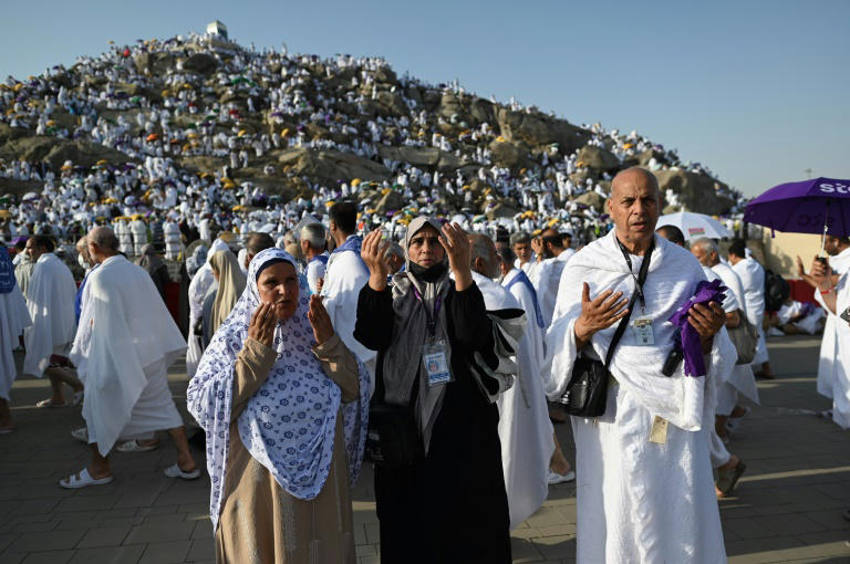 muslim pilgrims pray on mount arafat in hajj climax