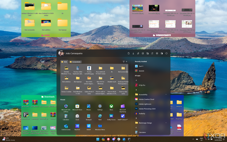 Screenshot of a Windows 11 desktop showing multiple fences and the Start11 Start menu