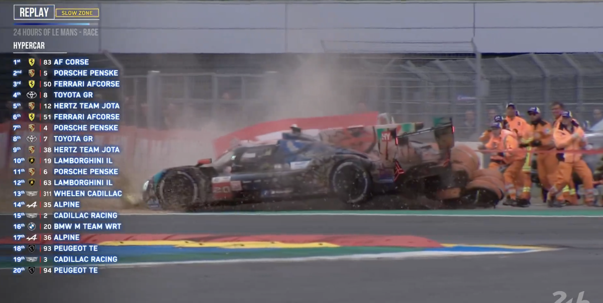 bmw 'art car' hypercar crashes at le mans, drives full lap back to pits missing tire