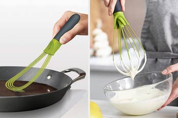 flat whisk used on a pan and balloon whisk mixing in a bowl