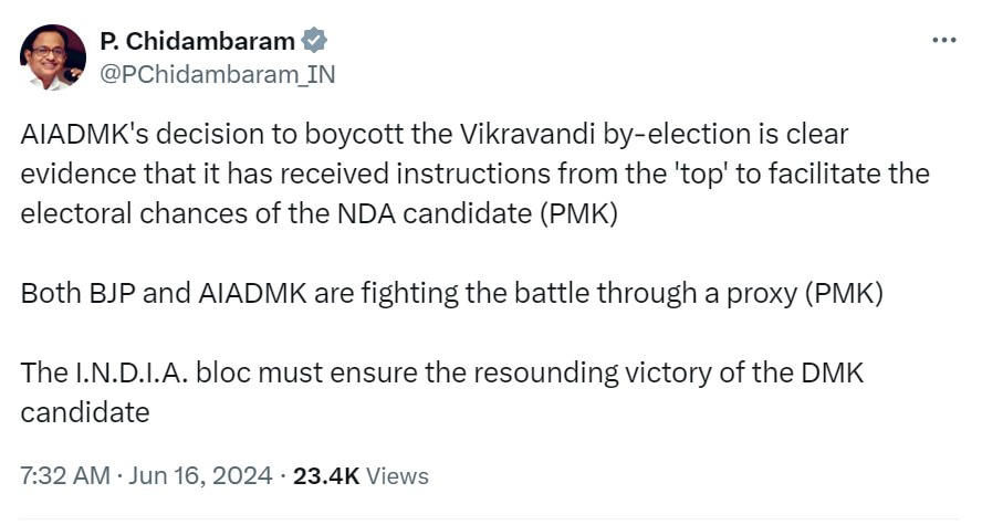 palaniswami's party to boycott vikravandi bypoll, chidambaram alleges proxy battle
