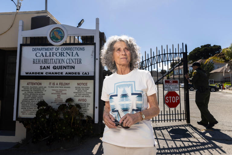 Colleen Hicks — a friend of Douglas “Chief” Stankewitz, California's longest-serving person on death row — stands outside San Quentin Prison, following a visit on April 26, 2024.