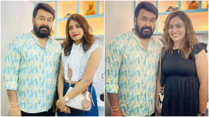 ahead of the grand finale dilsha and dhanya click a happy picture with mohanlal on the sets of bigg boss malayalam 6