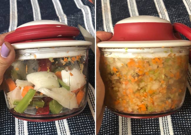 Reviewer before and after photos showing roughly chopped veggies finely minced by the chopper