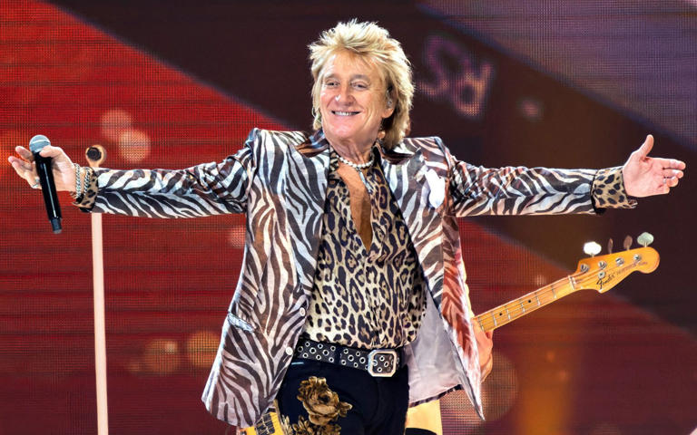 Rod Stewart performs on stage during his One Last Time concert at Royal Arena Copenhagen, Denmark