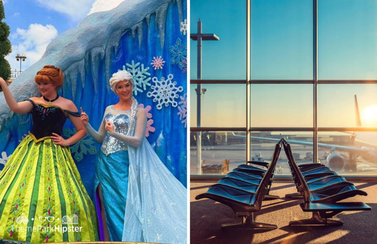 Ana and Elsa from Frozen at Magic Kingdom Parade next to airport. One of the best ways to find cheap flights to Disney