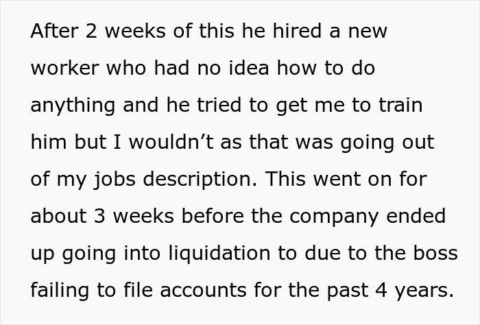 employee does the job of 4 until boss says to do his own duties only and he maliciously complies