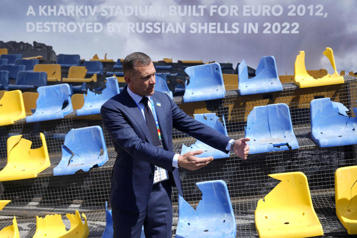 ukraine display destroyed stadium stand in munich in reminder of war ahead of euro 2024 opener