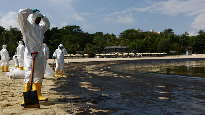 singapura berupaya keras bersihkan pantai dari 400 ton tumpahan minyak