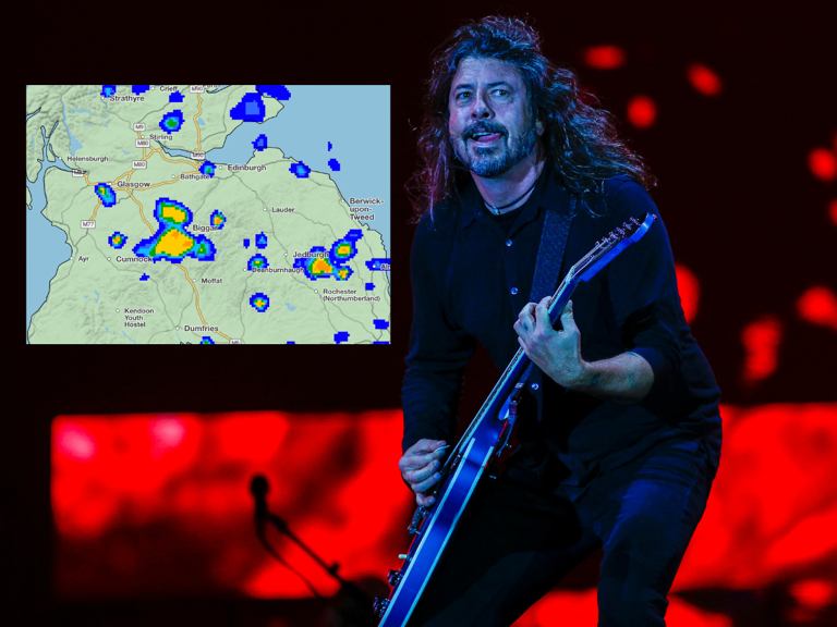 Will Dave Grohl drive the bad weather away once again, as Foo Fighters make their way to Glasgow for their third UK tour date this evening (Credit: Getty/Met Office)