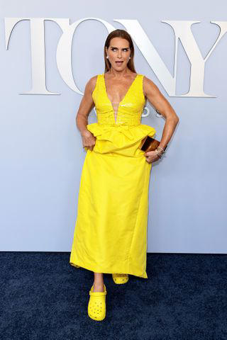 brooke shields paired her plunging yellow gown with matching crocs on the red carpet