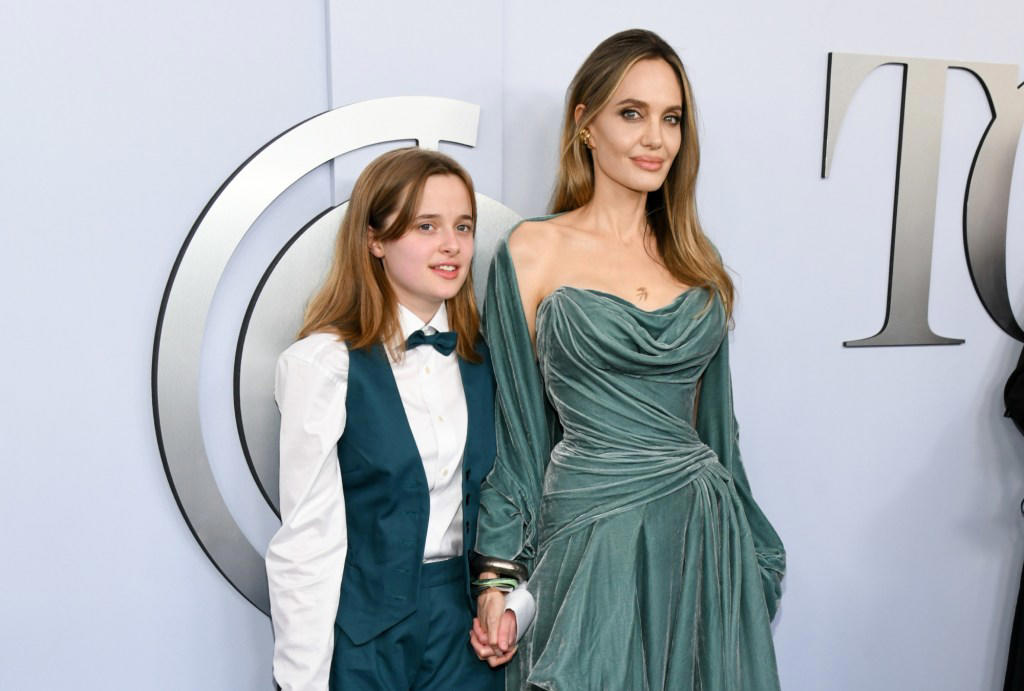 angelina jolie wins tony award for ‘the outsiders' in versace, coordinates look with daughter vivienne on red carpet