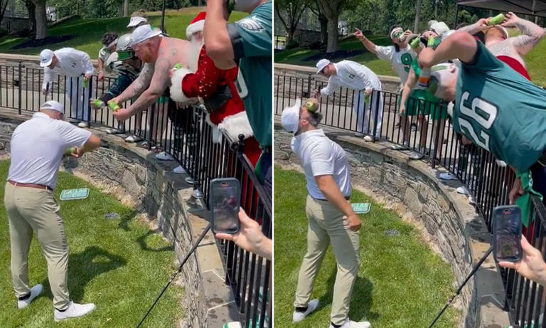 Jason Kelce shotguns beers with fans at his charity golf tournament
