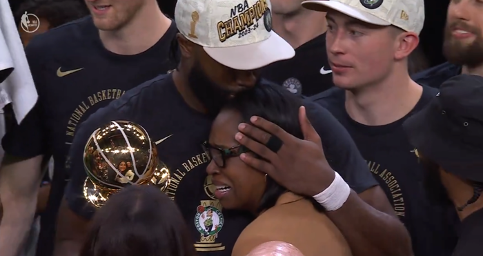 jaylen brown celebrated with his deservedly proud mother after he won nba finals mvp