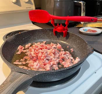 crab holding spatula on pan