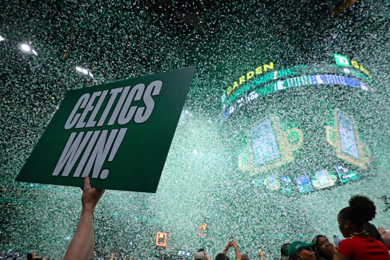 Confetti falls at TD Garden as fans celebrate the Boston Celtics winning the 2024 NBA Championship against the Dallas Mavericks during Game 5 of the 2024 NBA Finals on Monday, June 17, 2024. 