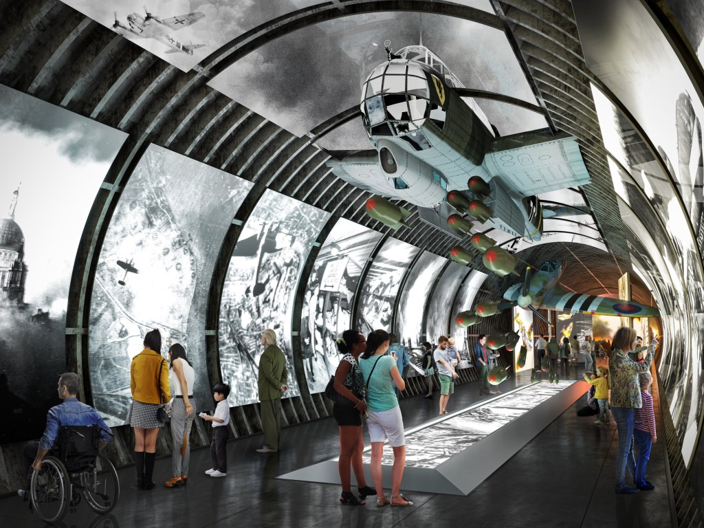 The initial design for the tunnels was revealed last year by WilkinsonEyere, with modern features including curved floor-to-ceiling screens, mood lighting in the bar area and a World War Two walk-through exhibition with hanging planes. The tunnels are 131ft (40m) underground. In comparison, the deepest Tube platform on the Jubilee Line at Westminster sits at 105ft (32m) (Picture: City of London)
