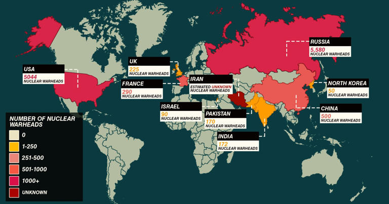 The number of nuclear weapons dotted across the world (Picture: Getty)