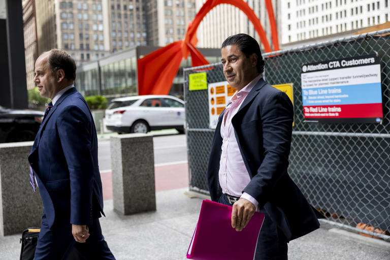 Iman Bambooyani, right, the self-proclaimed “Wolf of Rush Street,” exits the Dirksen U.S. Courthouse on June 18, 2024, after pleading guilty to charges that he arranged to fly prostitutes to various cities to have sex with clients.
