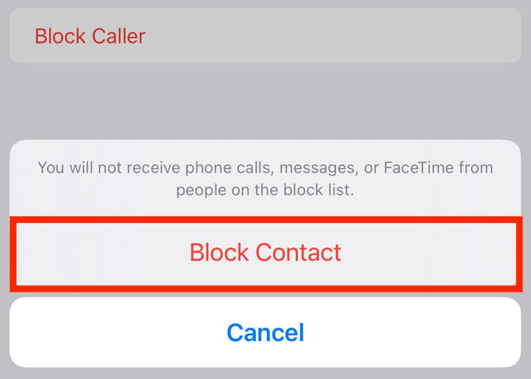 Confirming blocking a contact using the Block Contact button in the Messages app.