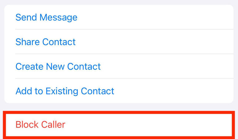 Block Caller option in the iOS Messages app.