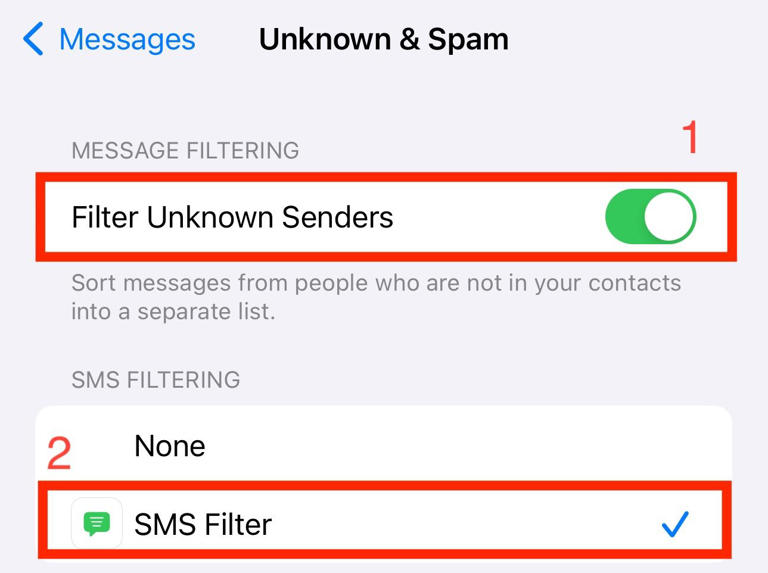 Enabling message filtering on iPhone to filter messages from unknown senders.