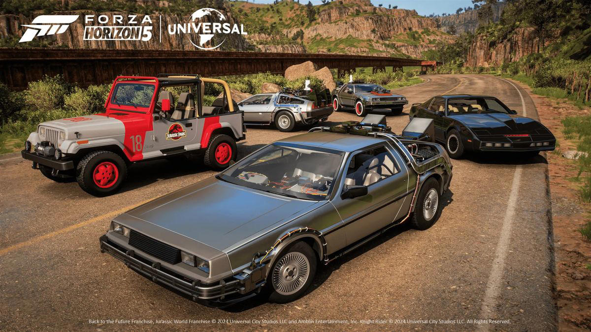 el garaje de forza horizon 5 recibe los icónicos coches de regreso al futuro, parque jurásico y kitt, el coche fantástico