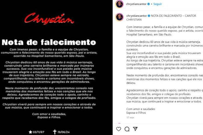 O comunicado de falecimento realizado pela equie do cantor Chrystian nas redes sociais (Reprodução: Instagram)