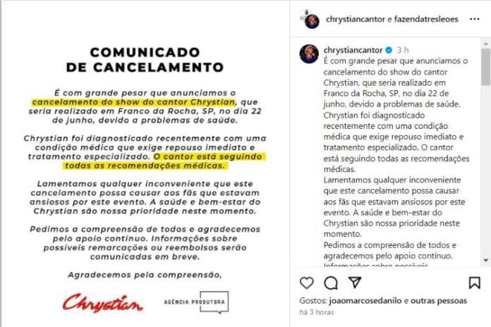 O comunicado realizado pela equipe de Chrystian (Reprodução: Instagram)