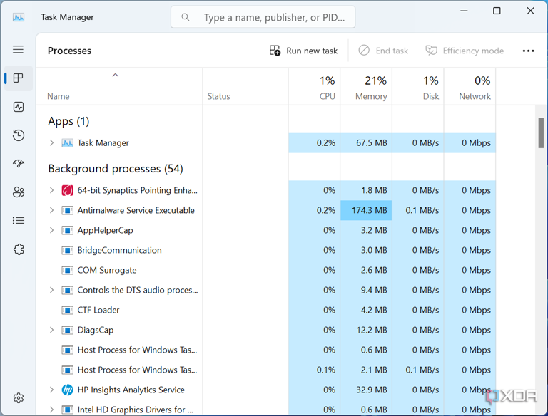 Screenshot of the processes list in Task Manager in Tiny11