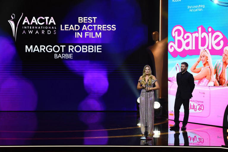 Margot Robbie accepts the AACTA International Award for Best Lead Actress in Film for Barbie from Joel Edgerton during the 2024 AACTA Awards Presented By Foxtel Group at HOTA (Home of the Arts) on February 10, 2024 in Gold Coast, Australia. (Photo : Jono Searle/Getty Images for AFI)