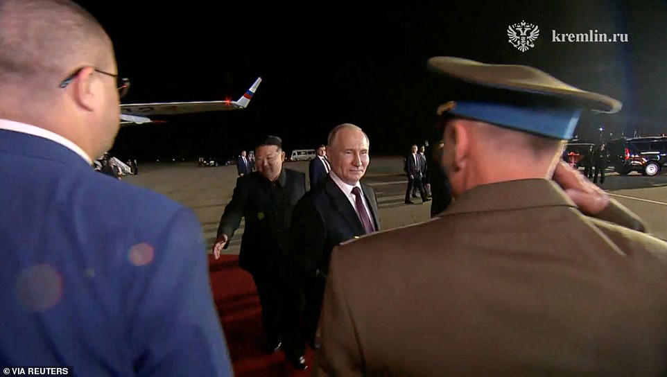 putin waves at kim from window of his jet as he leaves for vietnam