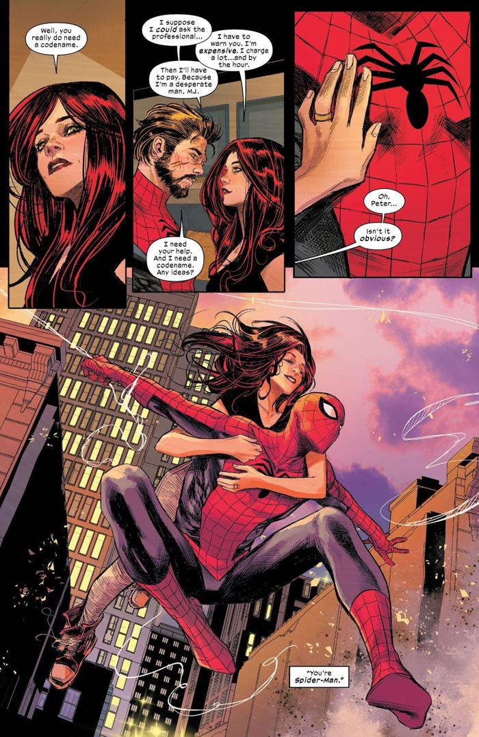mary jane decide el nombre de héroe de un peter parker casado y con dos hijos en ultimate spider-man