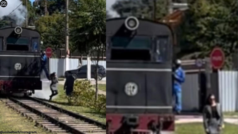Watch: Driver kicks woman posing for photo near the tracks out of moving train’s way
