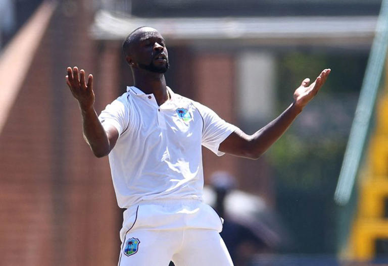 FILE PHOTO: Cricket - Second Test - South Africa v West Indies - Wanderers Stadium, Johannesburg, South Africa - March 10, 2023 West Indies' Kemar Roach celebrates after taking the wicket of South Africa's Aiden Markram REUTERS/Siphiwe Sibeko/File Photo