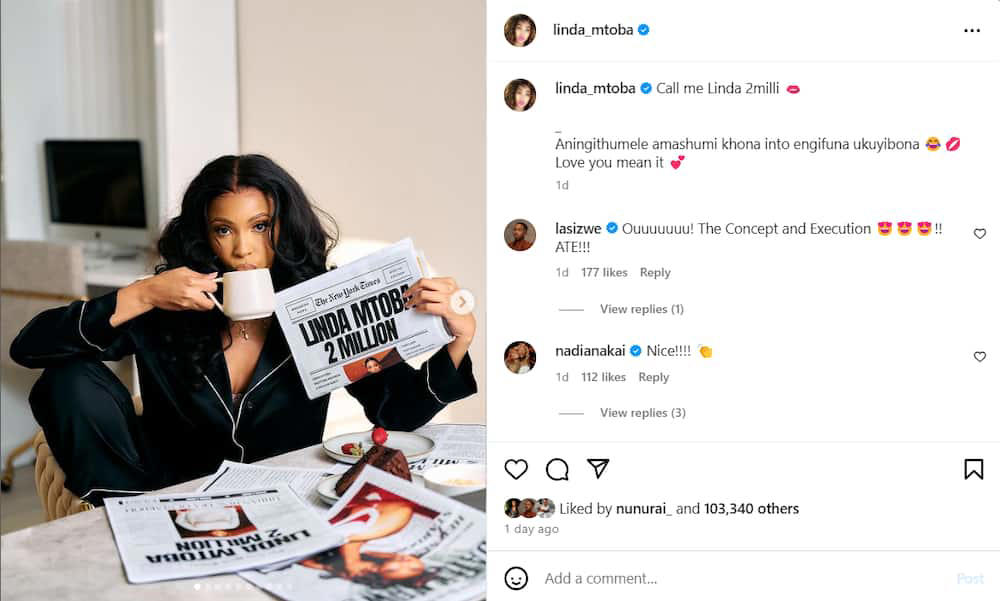 'queendom' star linda mtoba hits 2 million followers on instagram