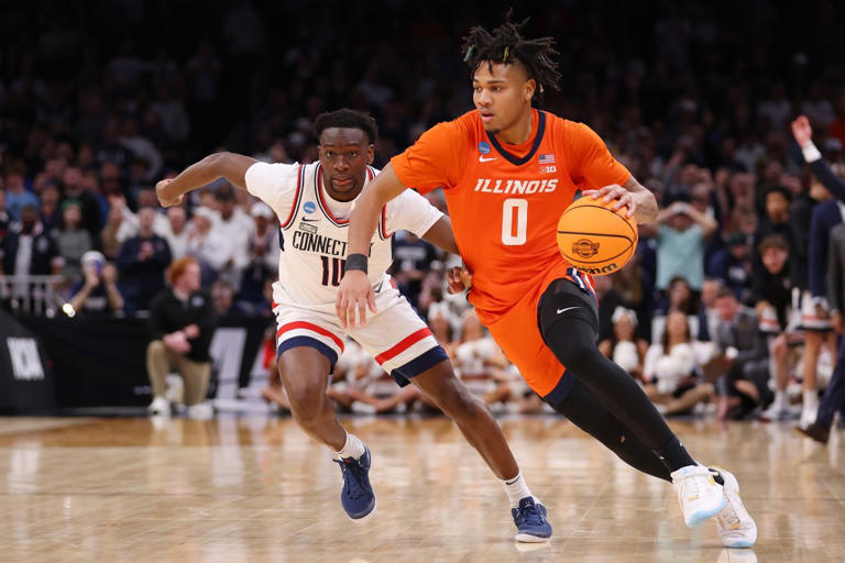 Terrence Shannon Jr. #0 of the Illinois Fighting Illini drives to the basket against Hassan Diarra #10 of the Connecticut Huskies during the second half in the Elite 8 round of the NCAA Men’s Basketball Tournament at TD Garden on March 30, 2024 in Boston, Massachusetts. Getty Images