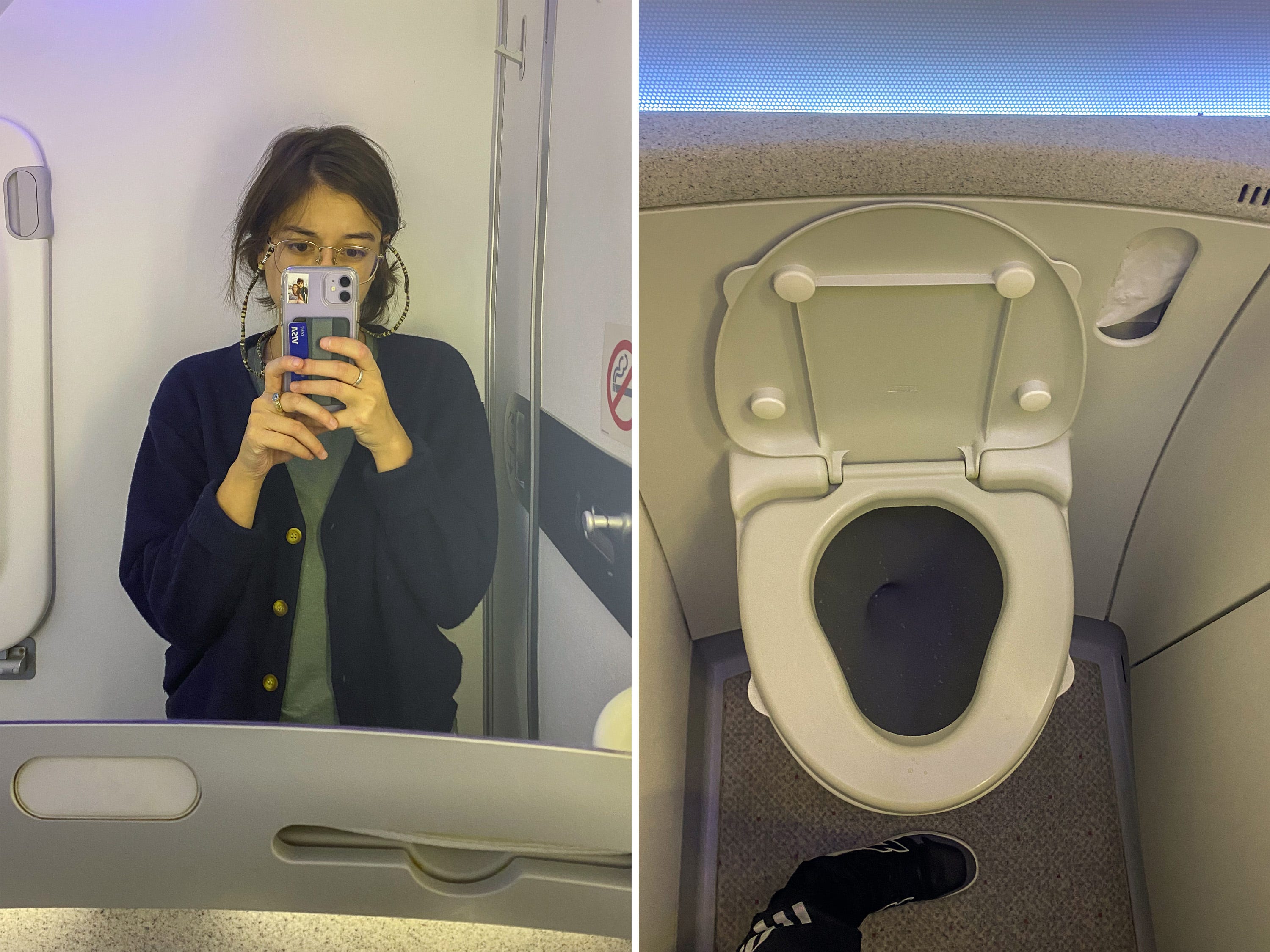 <p>Unlike most economy aircraft bathrooms I've used, the floor wasn't sticky and the trash can wasn't overflowing. </p>